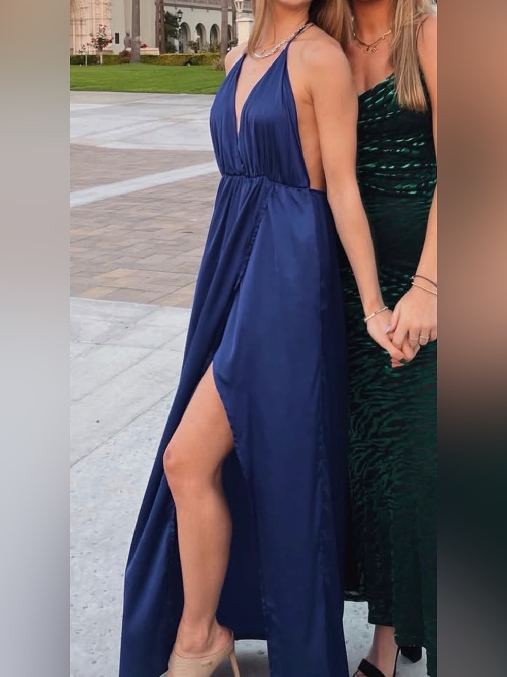 Elegant Navy Halter Maxi Dress with Front Slit
